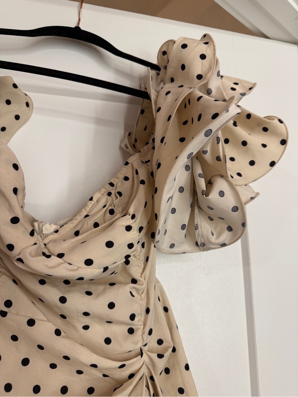 Polka Dot Off-Shoulder Ruffle Midi Dress in Cream - Picture 6 of 7